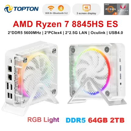 Topton RGB Gaming Mini PC D7 AMD Ryzen 7 8845HS ES Oculink 2*2,5G LAN 2 * PCIe 2 * DDR5 USB4 Windows 11 Mini ordenador de escritorio WiFi6