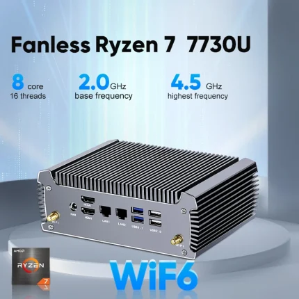 Mini PC AMD sin ventilador FU02 Ryzen 7 7730U 5800U Mini ordenador para juegos Windows 11 Dual LAN Firewall PC 2 * HDMI2.0 NVMe DDR4 WiFi6
