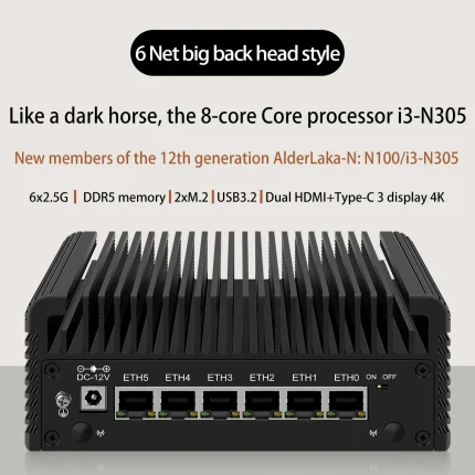 Enrutador de cortafuegos 6 LAN 2,5G Intel Core 3 N355 N305 N150 N100 i226-V Mini PC sin ventilador DDR5 2xNVMe 1xSATA3.0 tipo C pfSense Proxmox