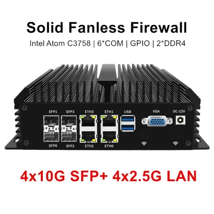 Firewall sólido sin ventilador 4x10G SFP + 4xi226-V 2,5G LAN Intel Atom C3758 8 Core Home Server Soft Router Mini PC GPIO 6 * COM AES-NI
