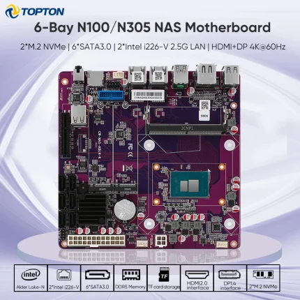 Placa base NAS i3-N305 N100 de 6 bahías 1 * PCIEx4 2 * Intel i226-V 2,5G 2 * M.2 NVMe 6 * SATA3.0 1 * DDR5 Firewall computadora Mini placa base ITX